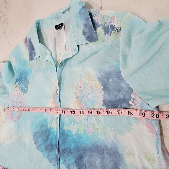 Shana Size Medium Fairy Tale Trees Button Up Aqua Blue Long Sleeve Coastal Shirt - Picture 11 of 12